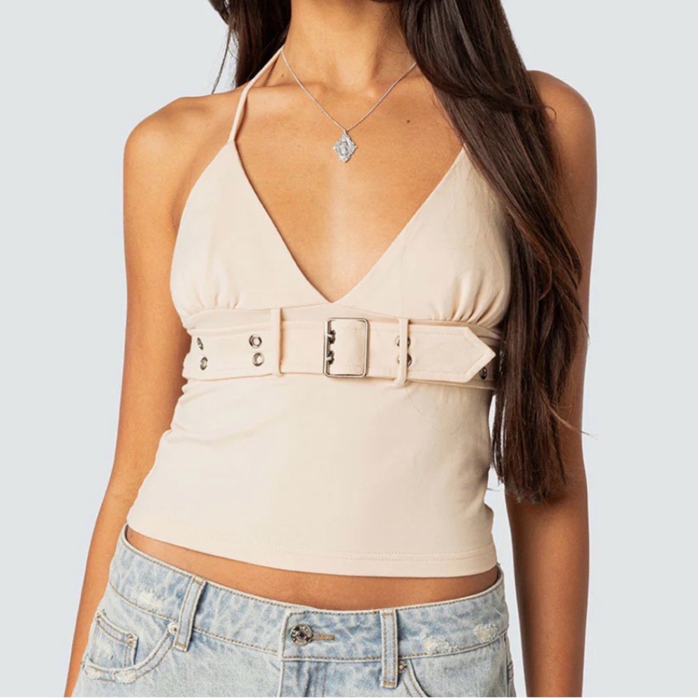 Edikted Cream V-Neck Halter Top with Belt